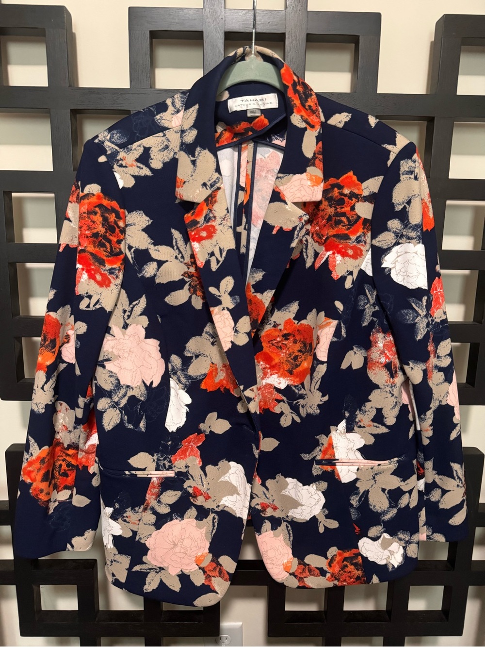 Tahari Navy Floral Blazer with Red & Pink Blooms